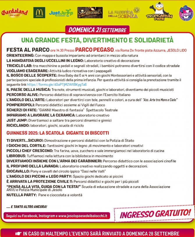 DOMENICA 21 SETTEMBRE 2025: UNA GRANDE FESTA , DIVERTIMENTO E SOLIDARIETA' - IL PAESE DEI  BALOCCHI JESOLO